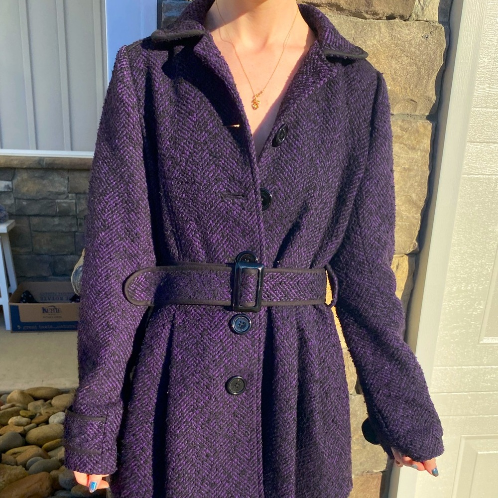 Y2K Candies Classic Textured Purple & Black Belted Pea Coat Size Medium